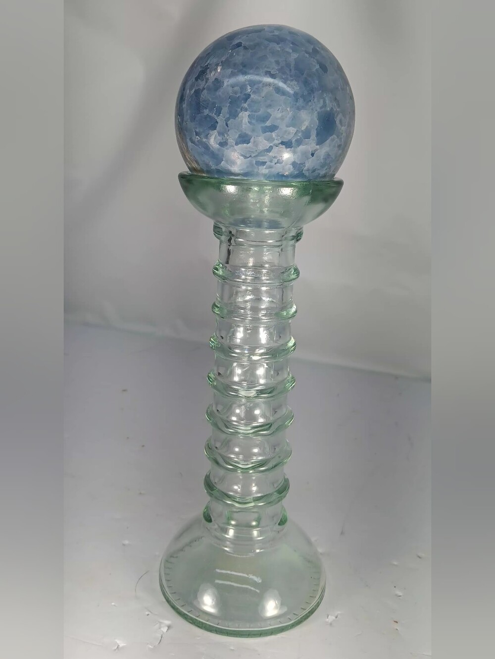 Lrg. Blue Calcite Sphere On La Mediterranea Art Glass Pedestal. New